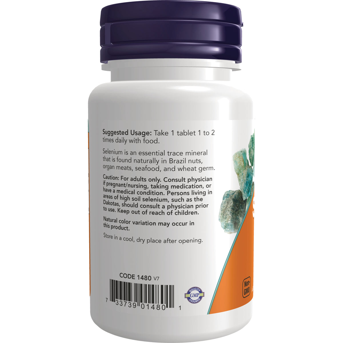 NWF847 | Back label of white supplement bottle showing suggested usage, caution text and barcode
