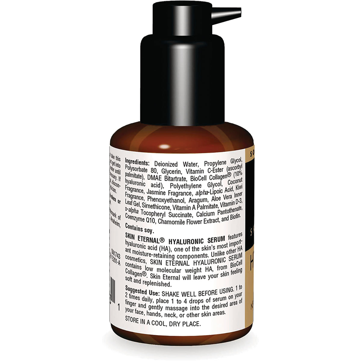 SN173 | Skin Eternal Hyaluronic Serum back label with ingredients, directions, and storage information