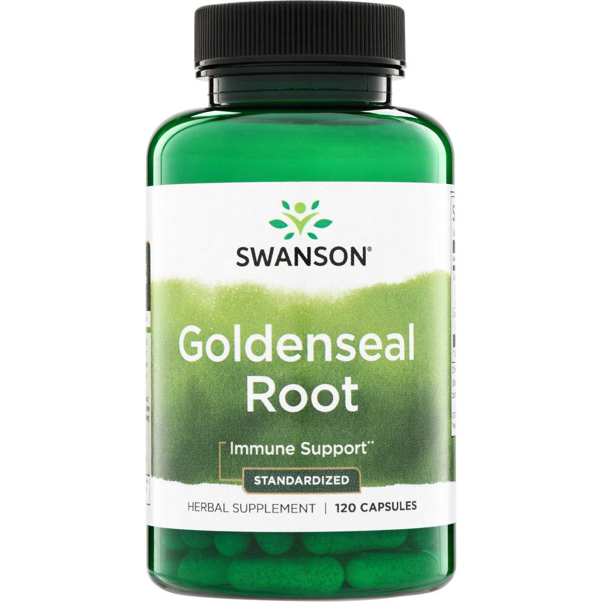 SWH264 | Swanson Goldenseal Root herbal supplement bottle, Immune Support, Standardized, 120 capsules