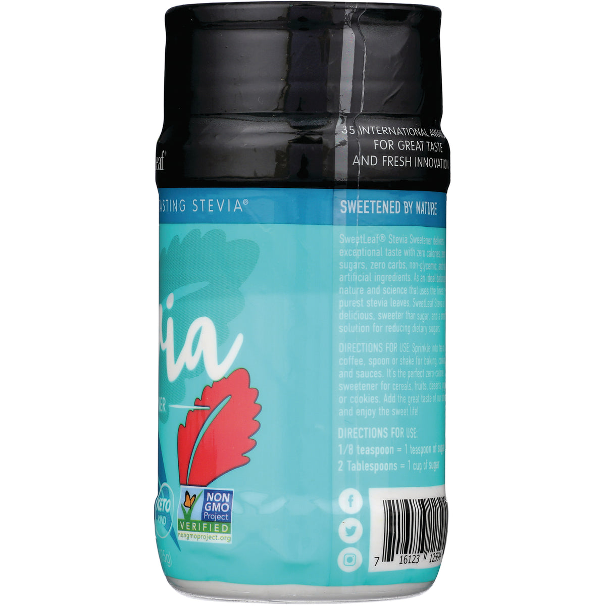 WA021 | SweetLeaf Stevia Sweetener back label with directions for use, Sweetened by Nature, and Non GMO Project Verified