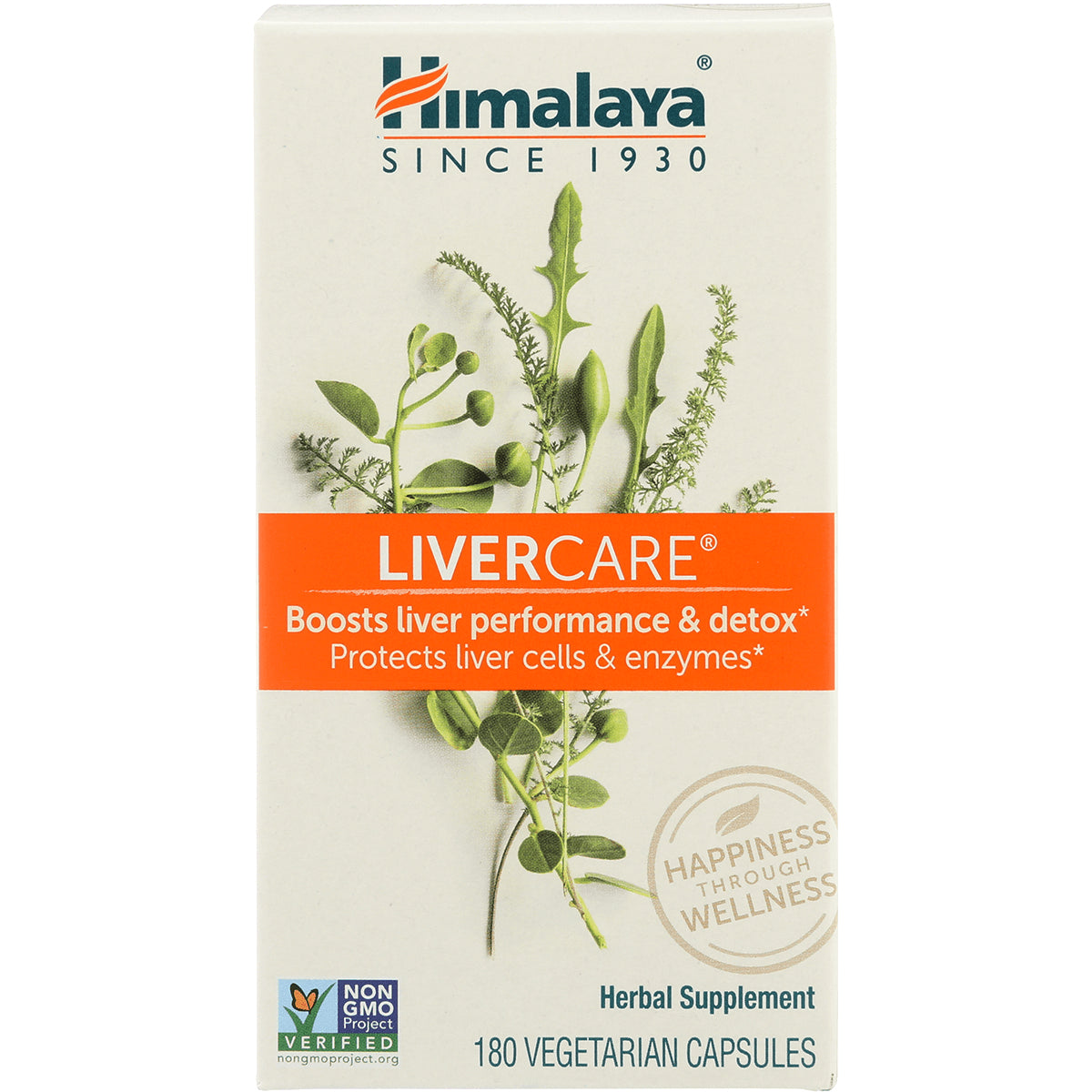 HHH016 | Himalaya LIVERCARE herbal supplement front box showing LIVERCARE banner, botanical illustration and 180 vegetarian capsules