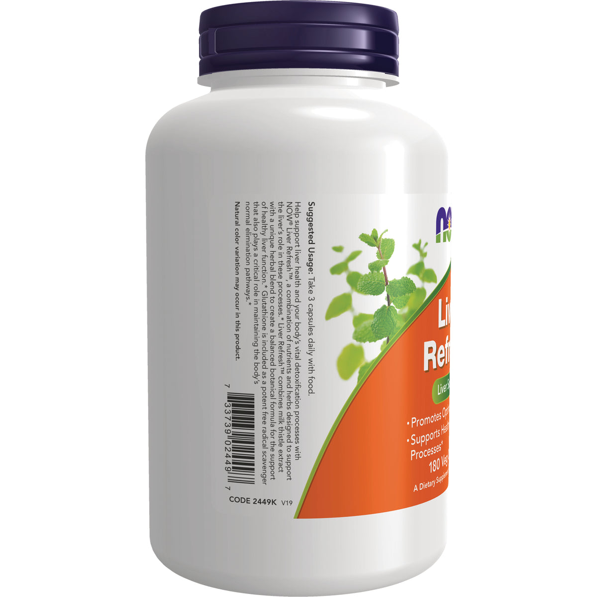 NWF1177 | back of white supplement bottle showing barcode, suggested usage text and orange label panel with mint illustration