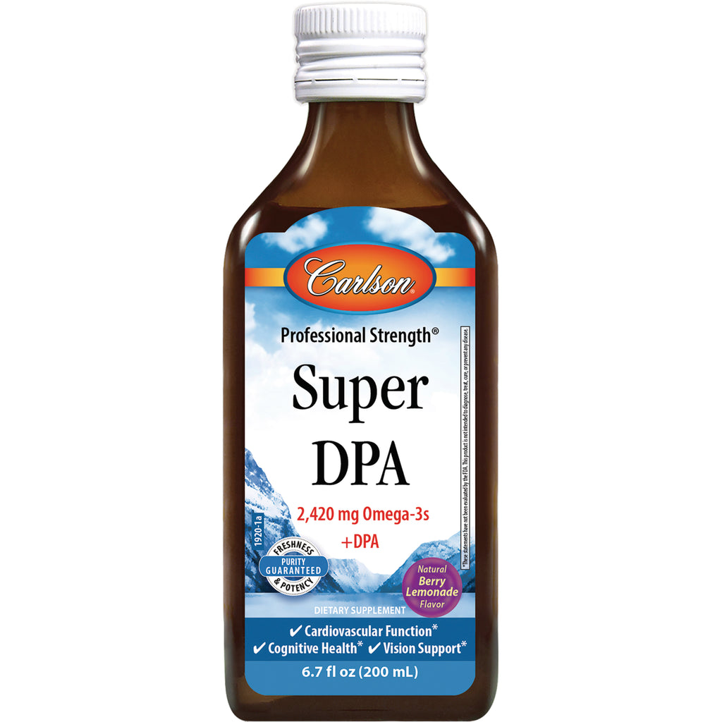 CSN318 | Brown glass bottle labeled Carlson Super DPA liquid supplement 2,420 mg Omega-3s Natural Berry Lemonade 6.7 fl oz - Thumbnail