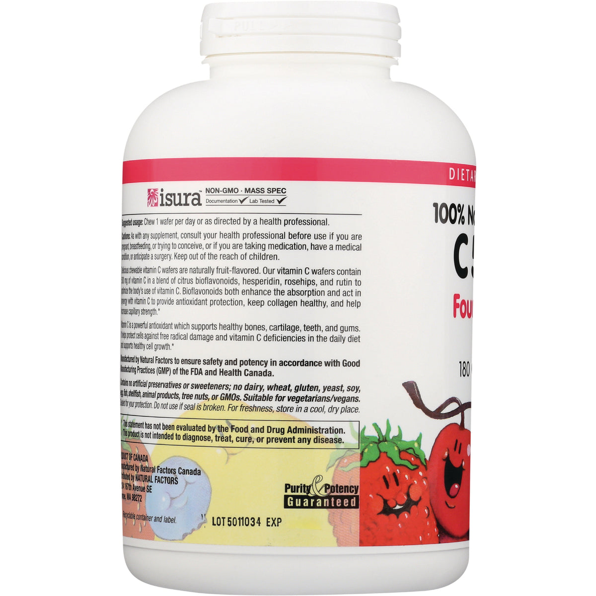 NFC092 | bottle back label showing product information panel and colorful fruit illustrations