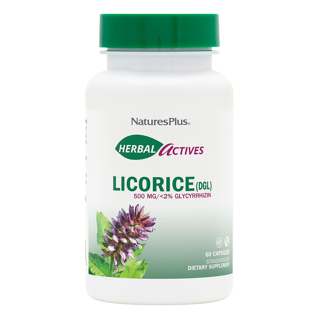 NTP067 | NaturesPlus Licorice (DGL) white bottle 500 mg vegetarian capsules, Standardized Botanical Supplement, Gluten Free - Thumbnail