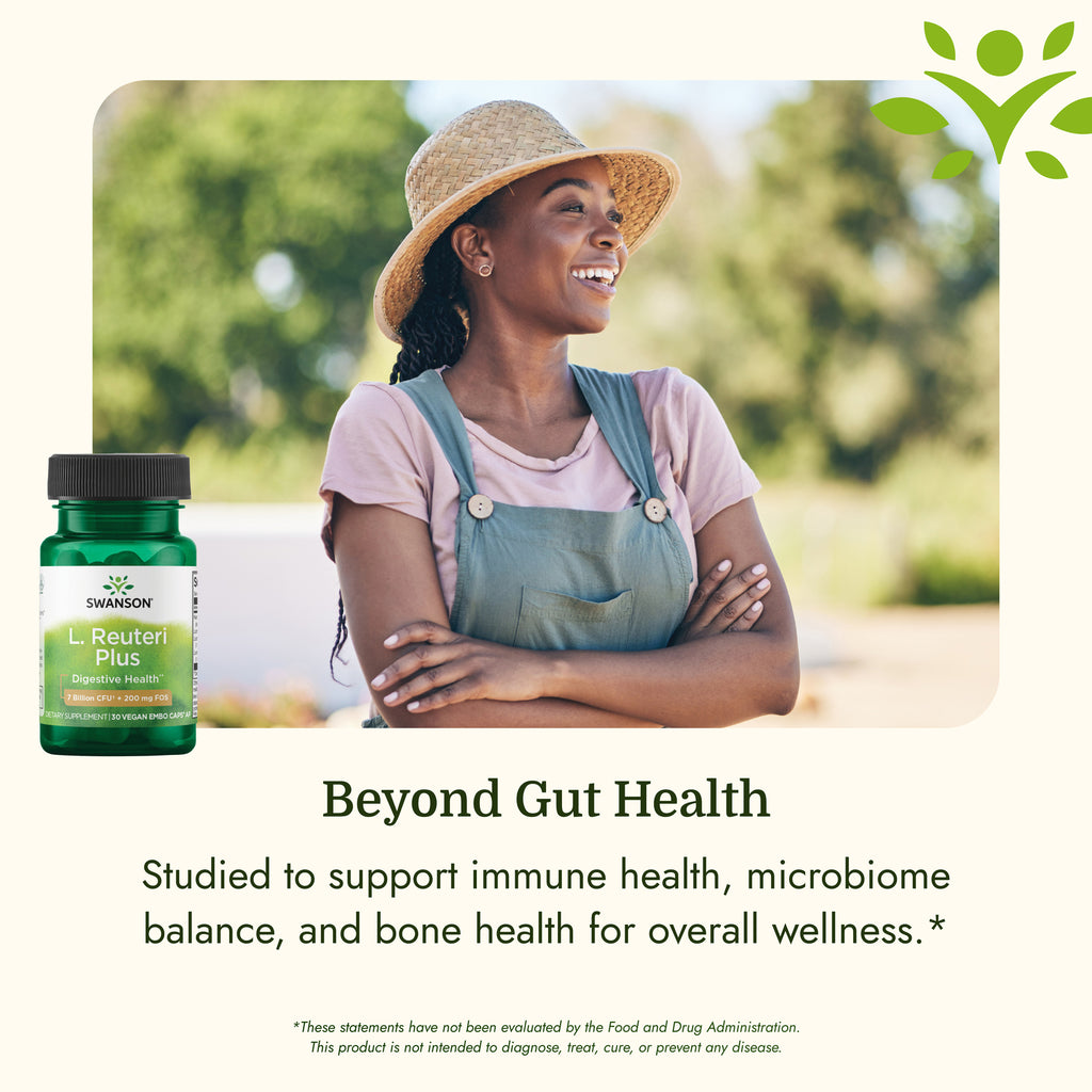 SWA025 | L. Reuteri Plus bottle labeled Digestive Health with product benefits banner and people stretching outdoors - Thumbnail