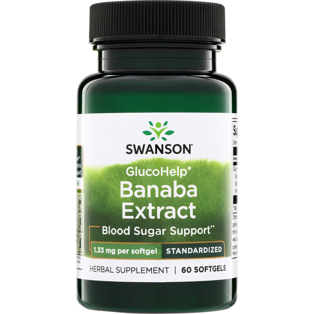 SWU659 | Swanson GlucoHelp Banaba Extract bottle, Blood Sugar Support, standardized, 60 softgels - Thumbnail