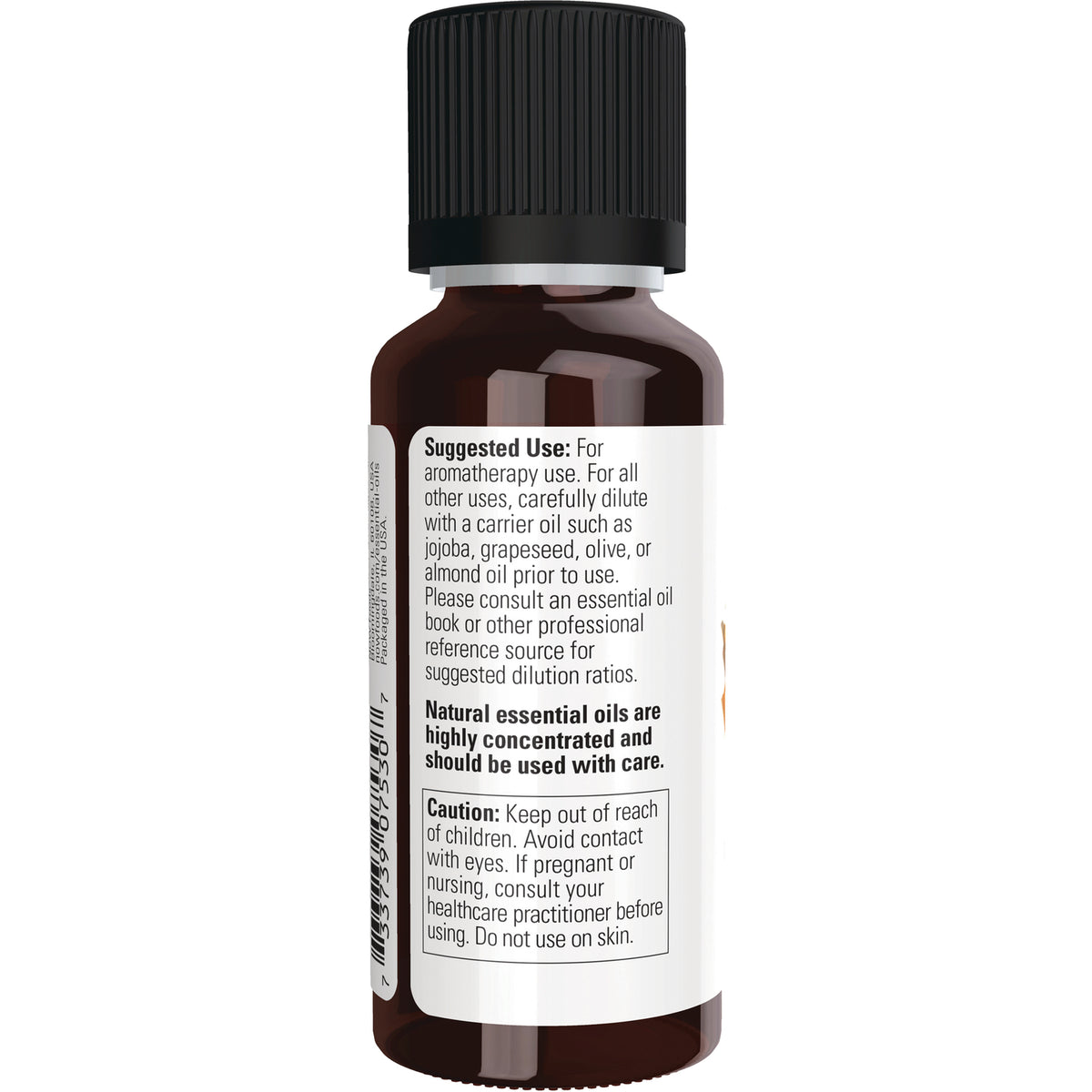 NWF1015 | Back label of amber essential oil bottle showing suggested use and caution text