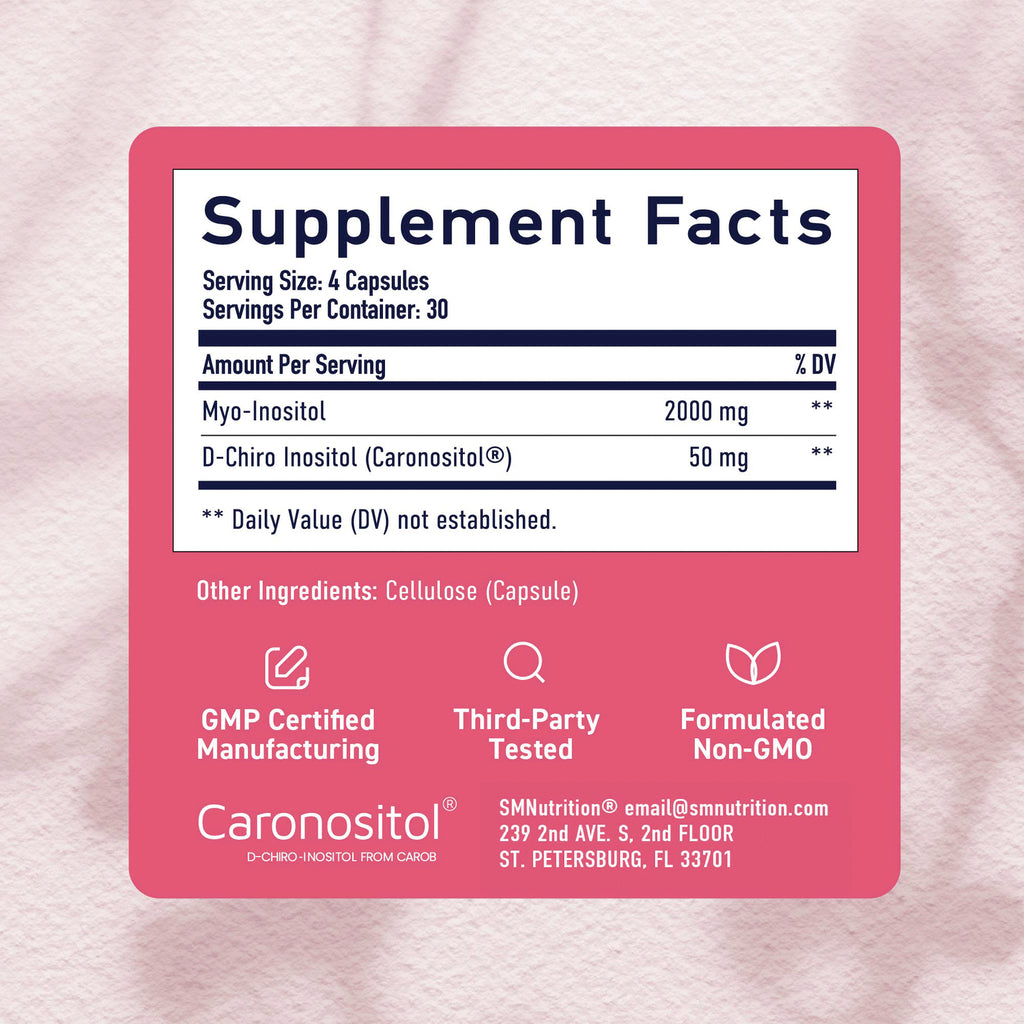 SMT013 | Back label Supplement Facts: Serving size 4 capsules; Myo-Inositol 2000 mg; D-Chiro Inositol 50 mg - Thumbnail