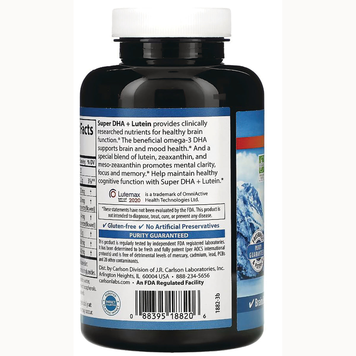 CSN275 | Back label of dark supplement bottle showing Super DHA + Lutein description, nutrition facts and barcode
