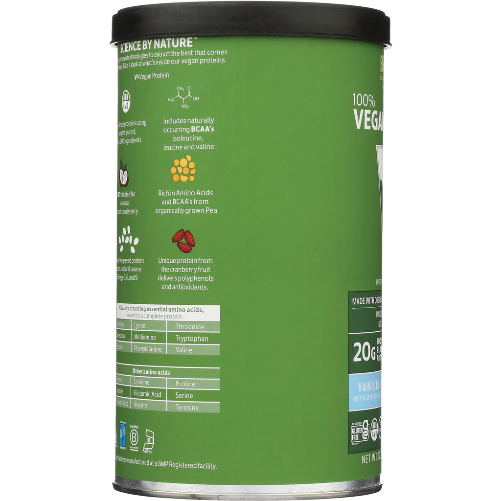 CRL365 | Product infographic panel showing amino acids, benefits, and icons on green 100% VEGAN protein can - Thumbnail