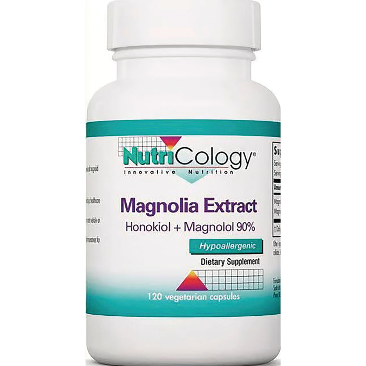 NCL117 | NutriCology Magnolia Extract bottle labeled Honokiol + Magnolol 90% and Hypoallergenic, 120 vegetarian capsules