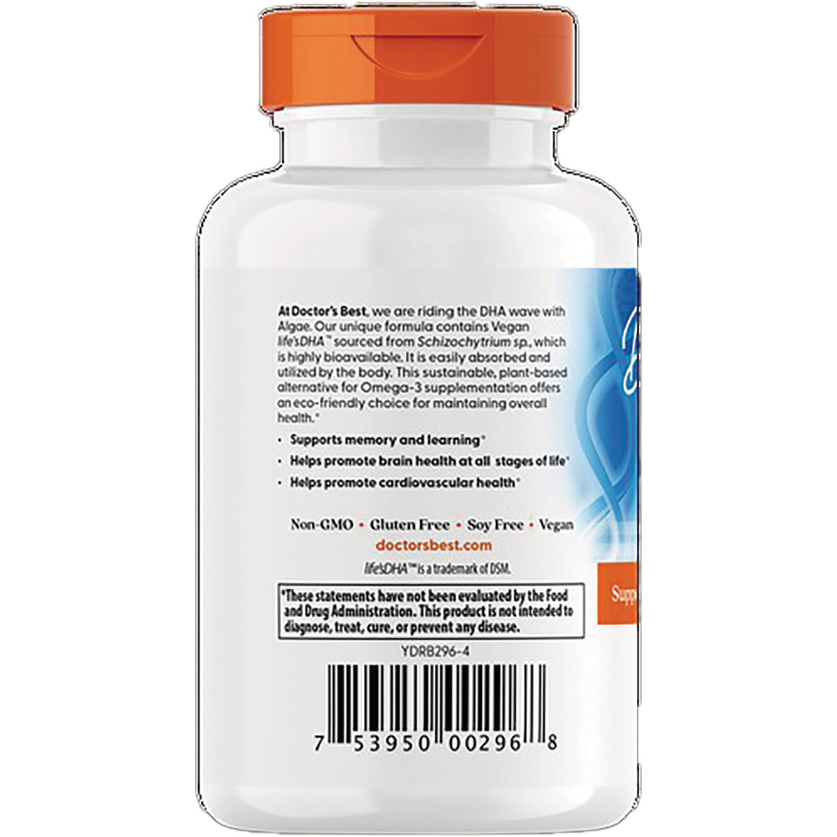 DB192 | back label of white supplement bottle showing DHA description, usage claims and barcode