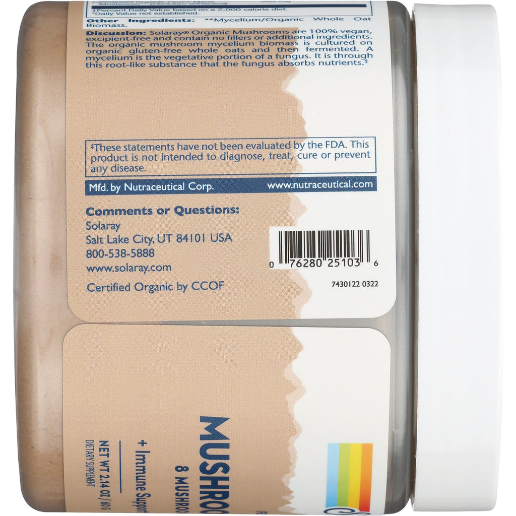 SLR458 | Solaray Organic Mushrooms bottle back label with FDA disclaimer, barcode, and Certified Organic by CCOF - Thumbnail