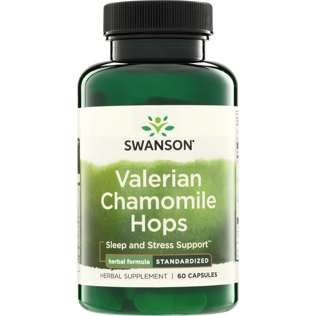 SWH262 | Swanson Valerian Chamomile Hops supplement bottle, Sleep and Stress Support, 60 capsules - Thumbnail