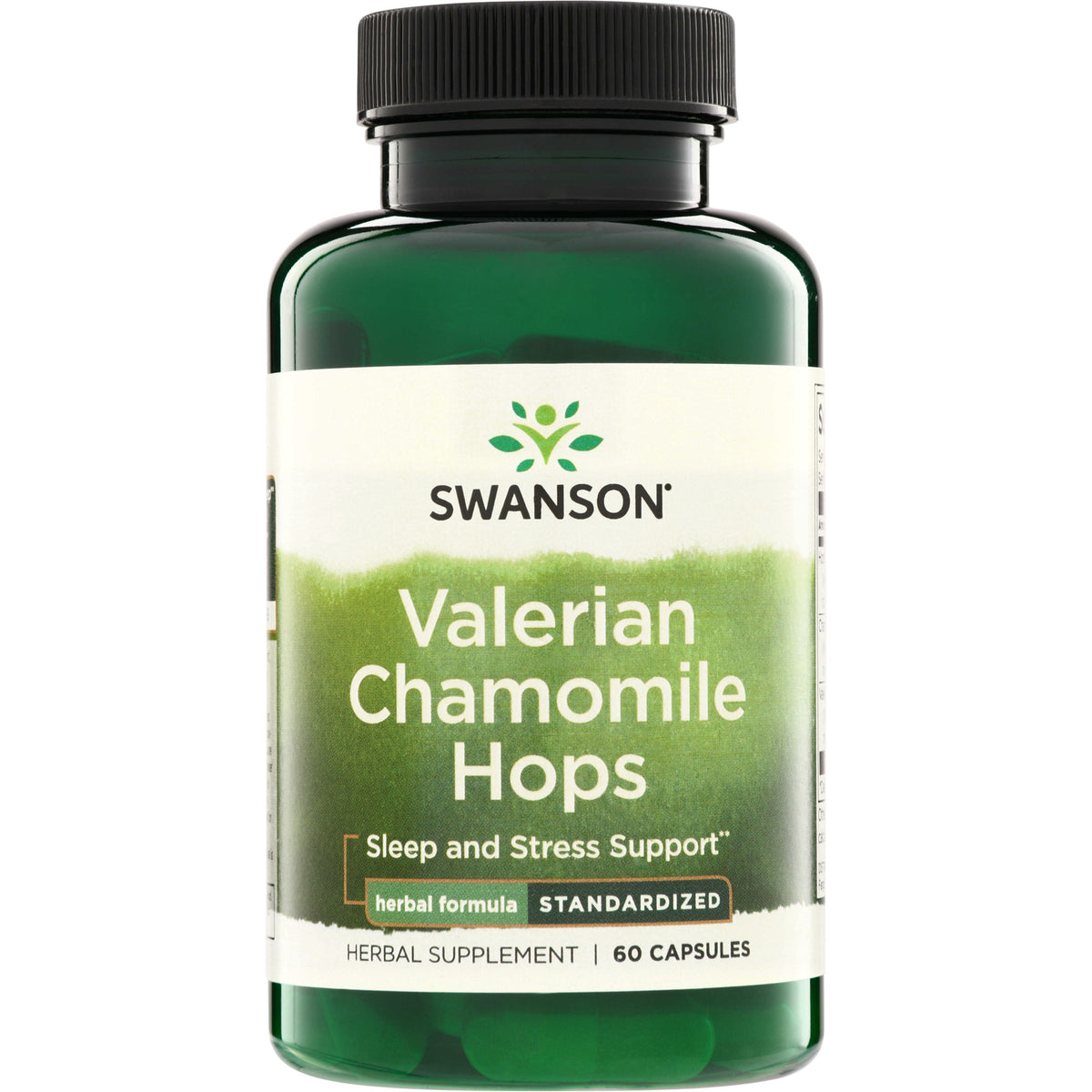 SWH262 | Swanson Valerian Chamomile Hops supplement bottle, Sleep and Stress Support, 60 capsules