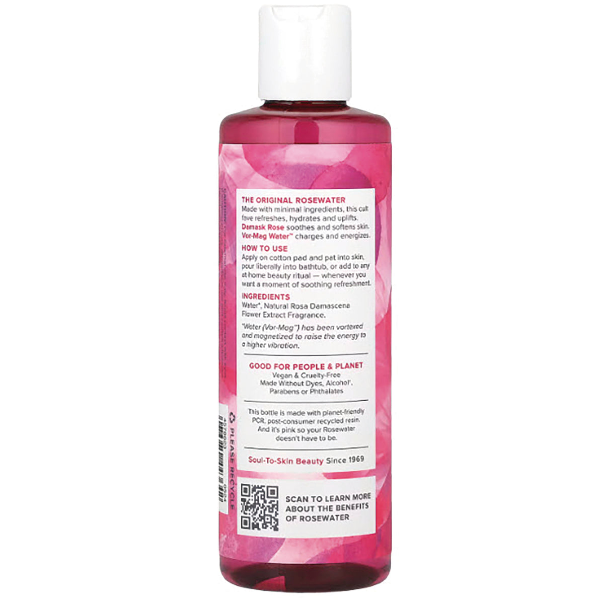 HTG001 | Back label of pink rosewater bottle showing ingredients, usage instructions, and QR code