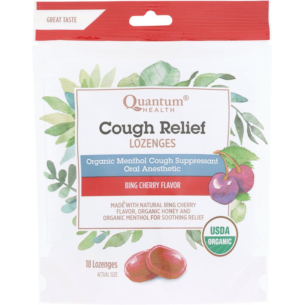 QU074 | Quantum Health Cough Relief lozenges bing cherry flavor pouch with USDA Organic seal - Thumbnail