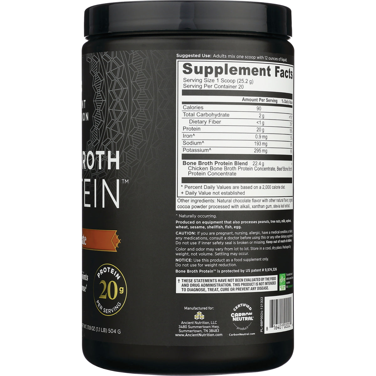 ATN003 | back label showing Supplement Facts nutrition panel on black bone broth protein container