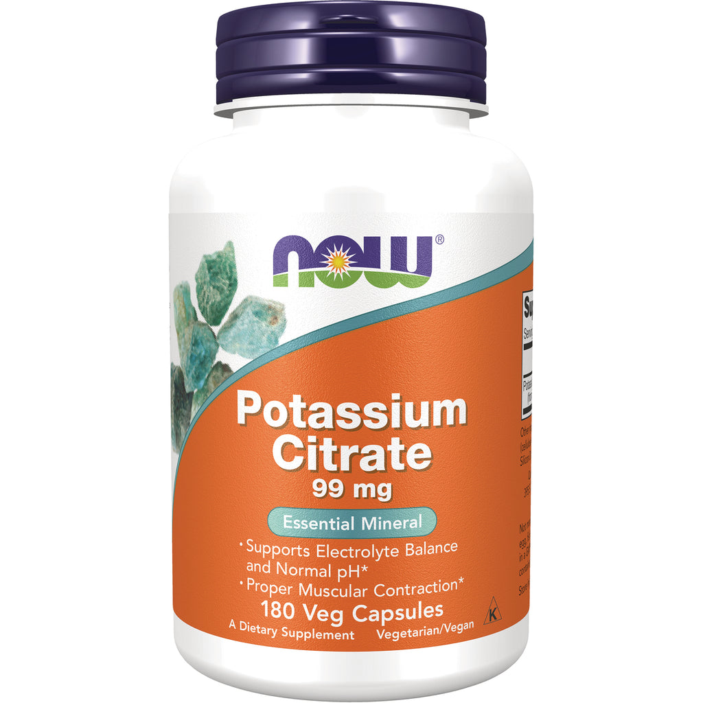 NWF906 | NOW Potassium Citrate 99 mg supplement bottle with orange label, front view showing 180 Veg Capsules - Thumbnail