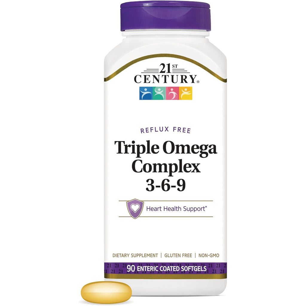 CNT207 | 21st Century Triple Omega Complex 3-6-9 white supplement bottle with purple cap and one yellow softgel - Thumbnail