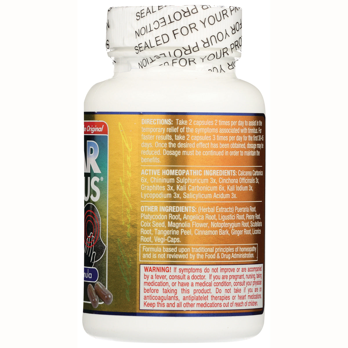 CLP009 | Back label of white supplement bottle showing directions, active homeopathic and other ingredients, and warning text