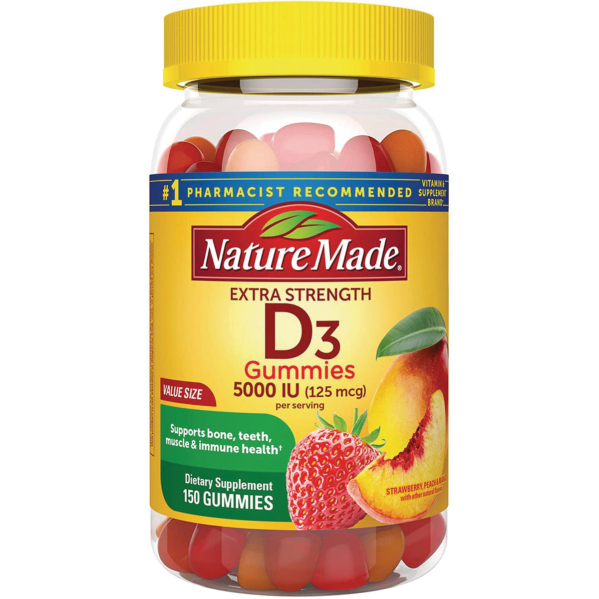 NTM127 | NatureMade Extra Strength D3 gummies bottle, 5000 IU, 150 gummies, strawberry and peach flavors