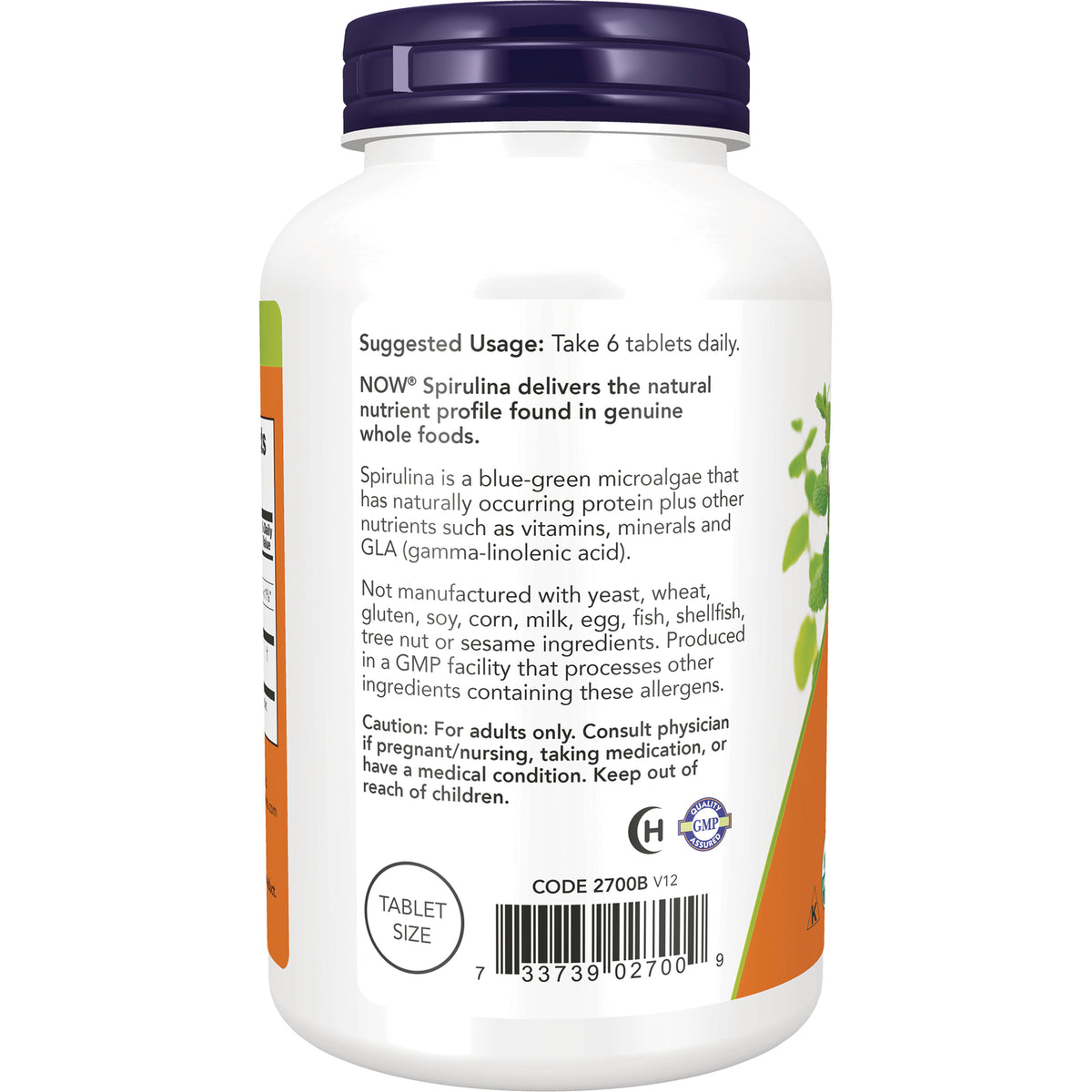 NWF708 | Back label of spirulina supplement bottle with suggested usage, ingredient claims, caution text, and barcode