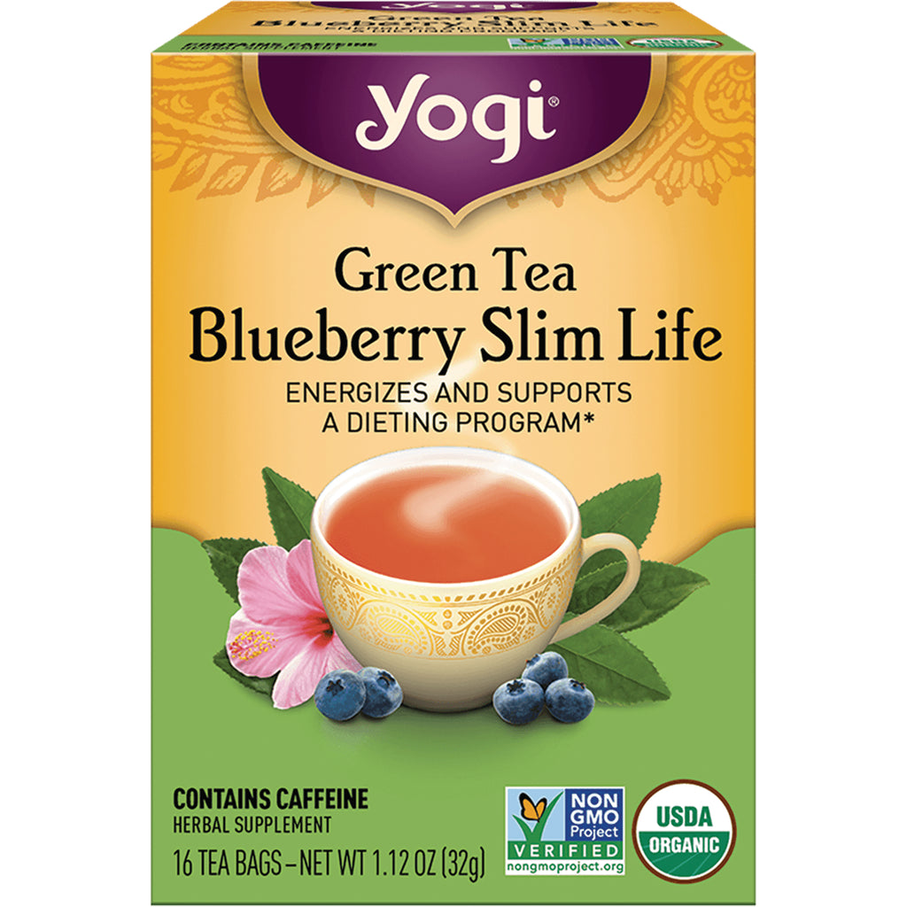 AHW028 | Yogi Green Tea Blueberry Slim Life box front with teacup, blueberries and USDA Organic badge - Thumbnail