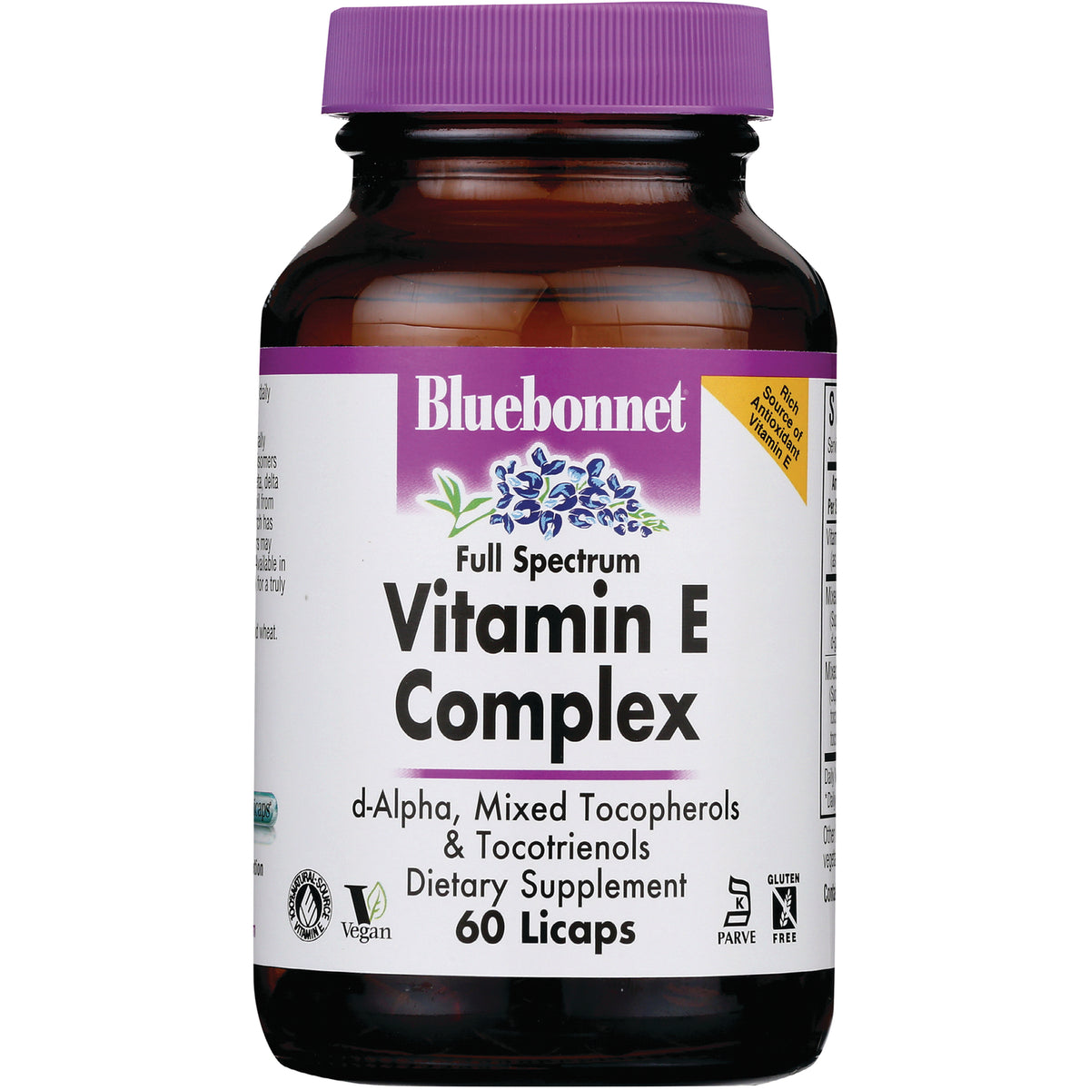 BLU130 | Bluebonnet Full Spectrum Vitamin E Complex bottle front label showing 60 Licaps