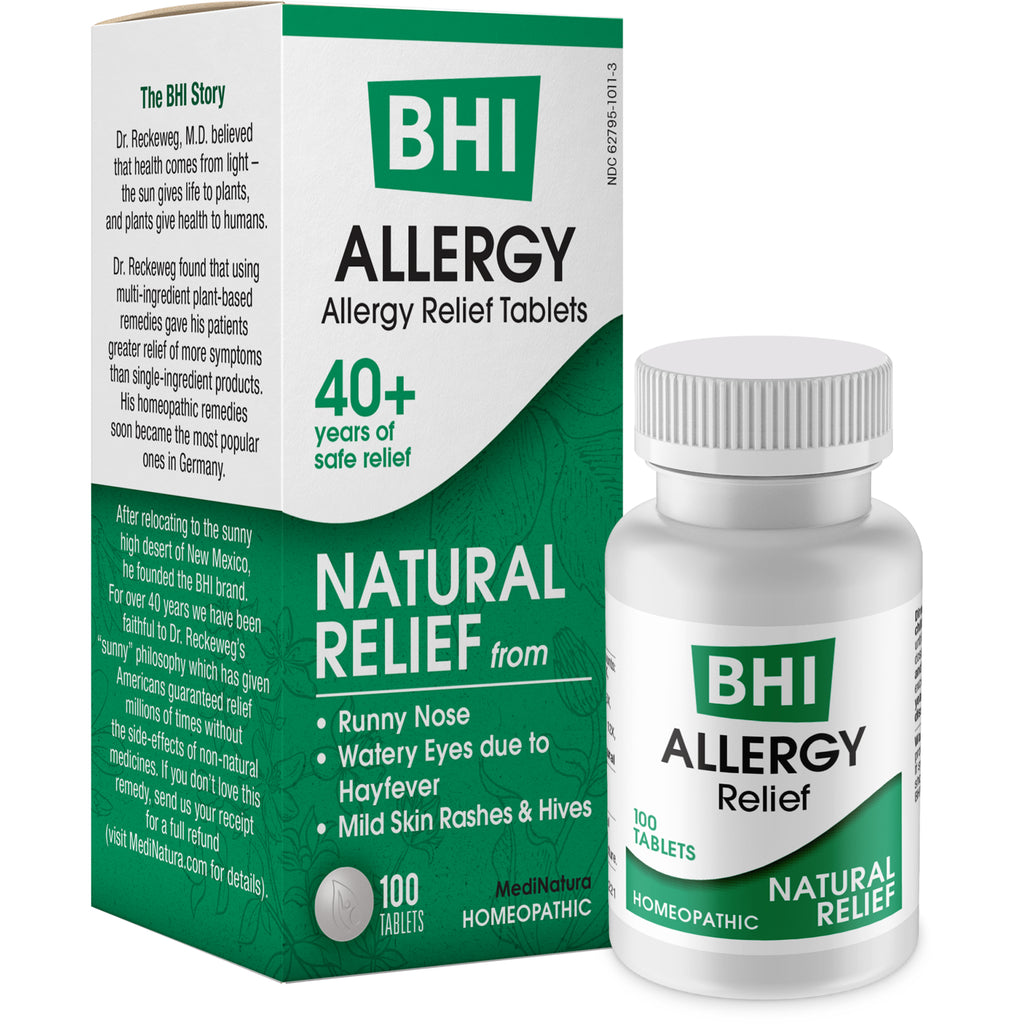 MNA029 | BHI Allergy Relief Tablets box, green and white packaging labeled Natural Relief, 100 tablets - Thumbnail
