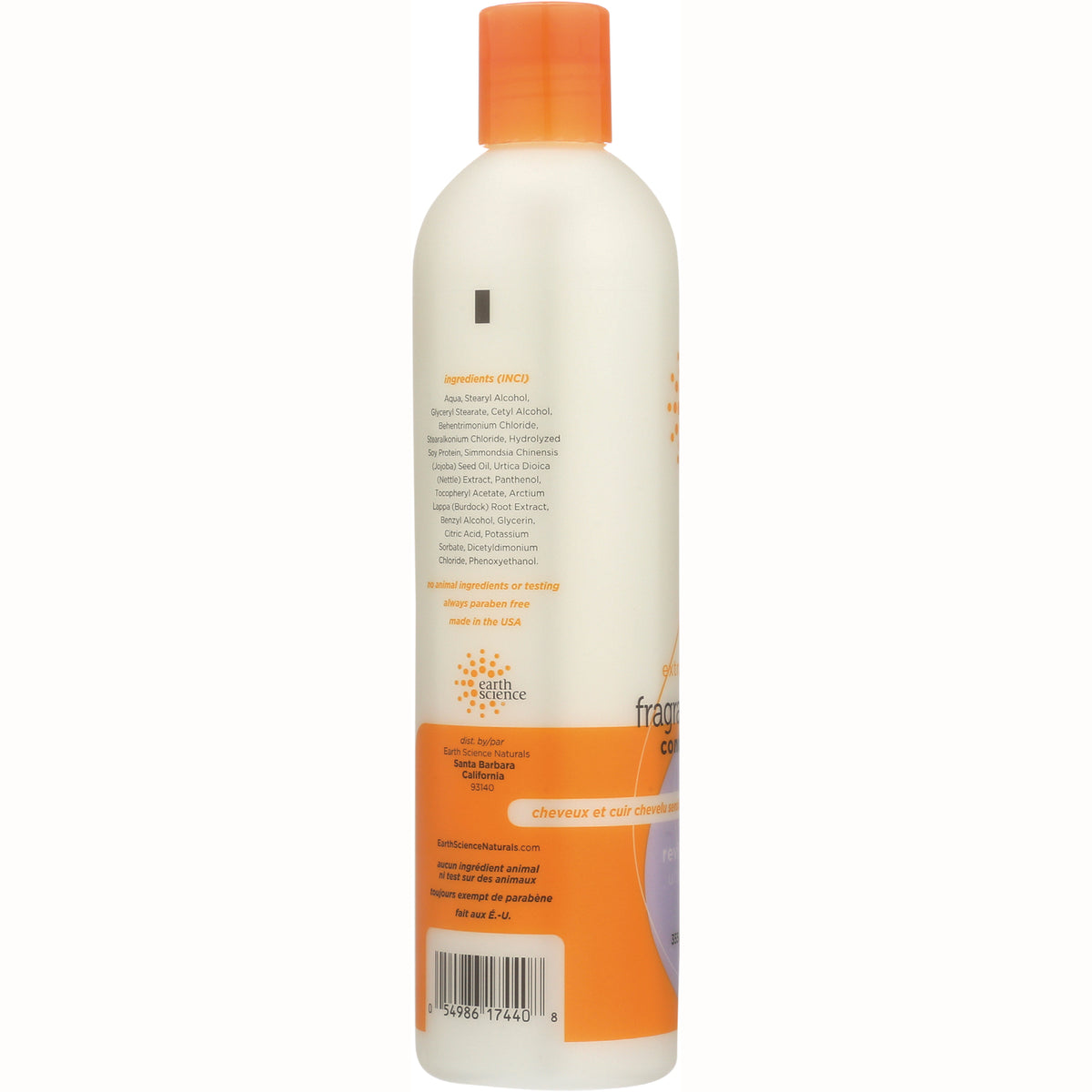 ERS010 | back of white and orange hair care bottle showing ingredients list, brand logo and barcode