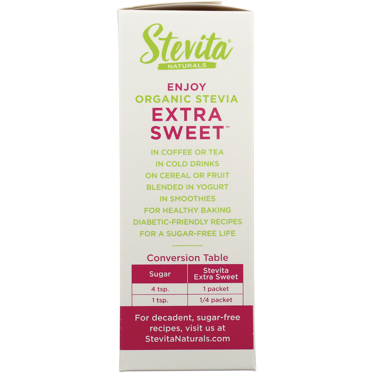 STV017 | Stevita Naturals Extra Sweet Organic Stevia box back with usage tips and sugar-to-packet conversion table