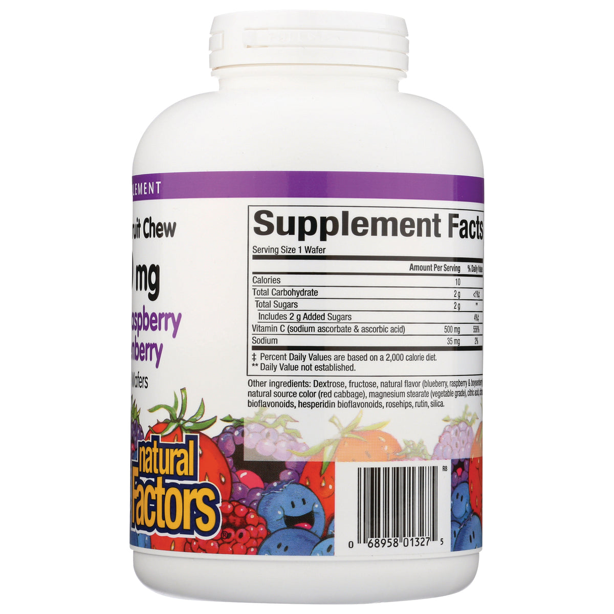 NFC091 | back of white supplement bottle showing Supplement Facts label, ingredients text and barcode with fruit graphics
