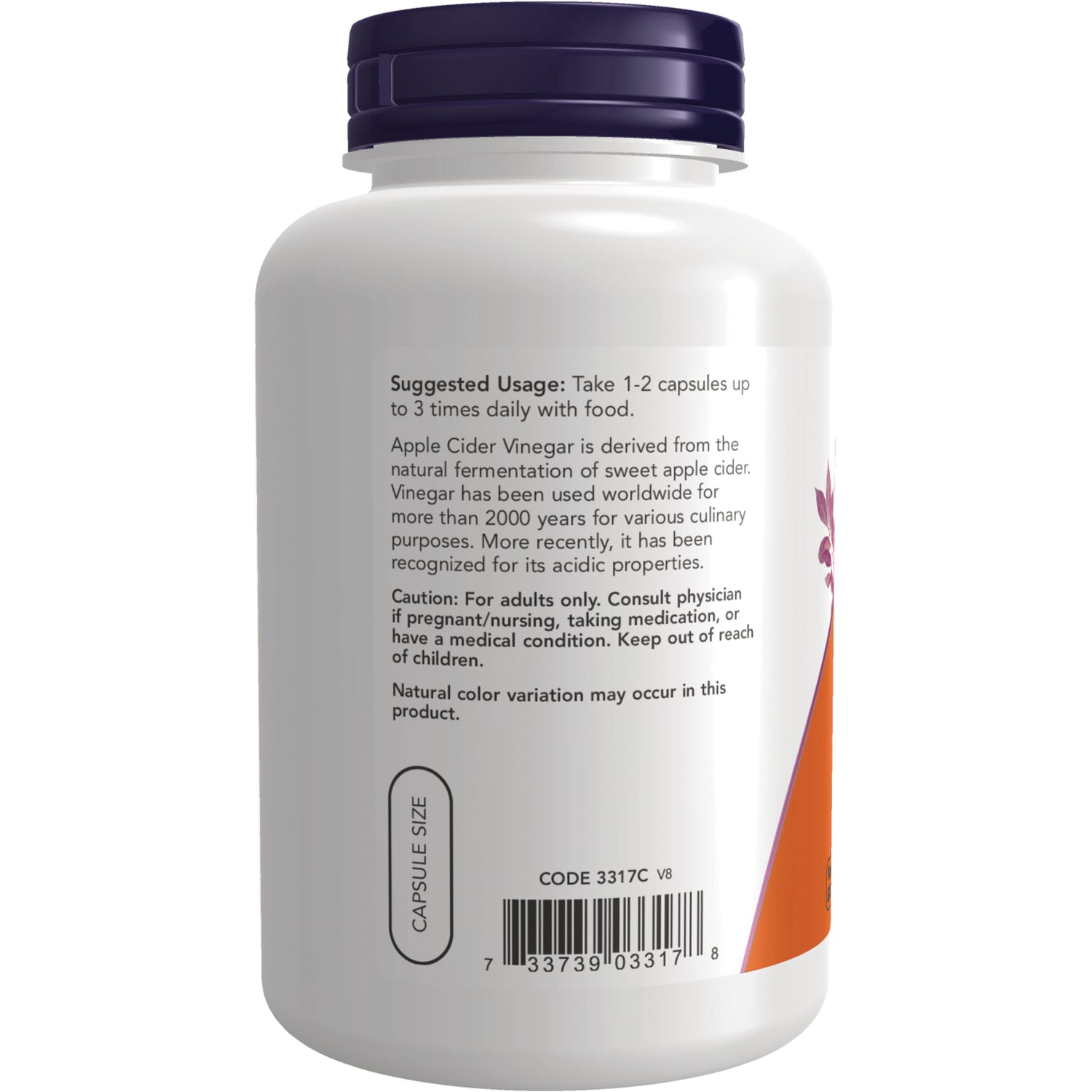 NWF526 | back label of white supplement bottle showing suggested usage, caution text and barcode