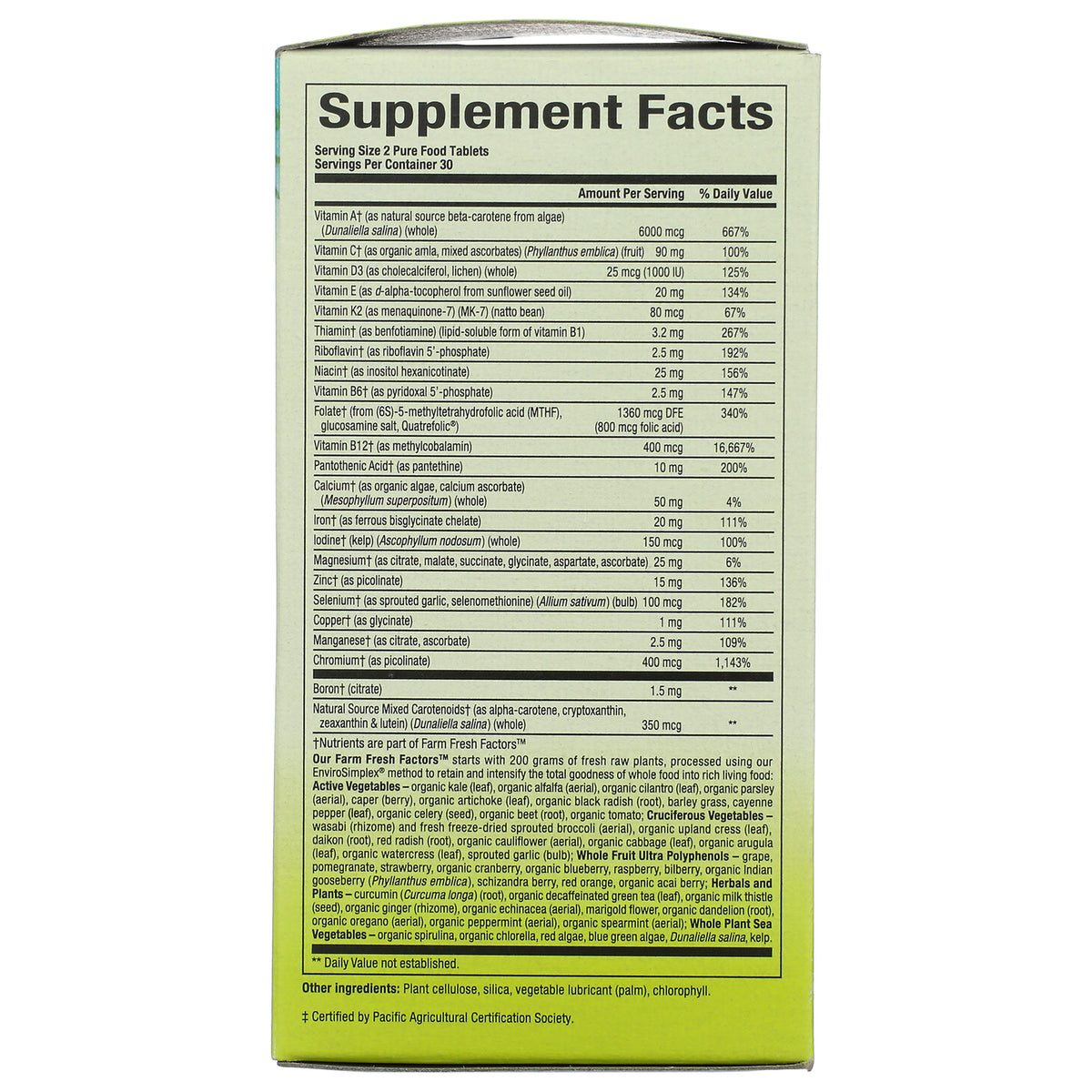 NFC189 | Supplement Facts nutrition panel and ingredient list on yellow product back label