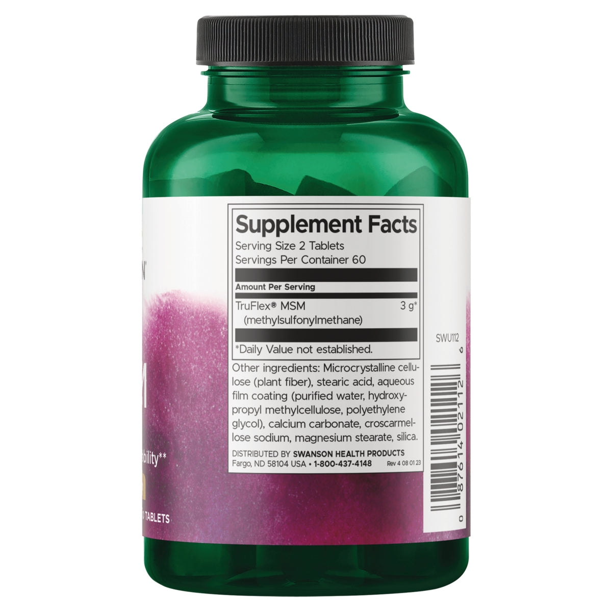 SWU112 | Supplement Facts panel for TruFlex MSM, serving size 2 tablets, 3 g MSM