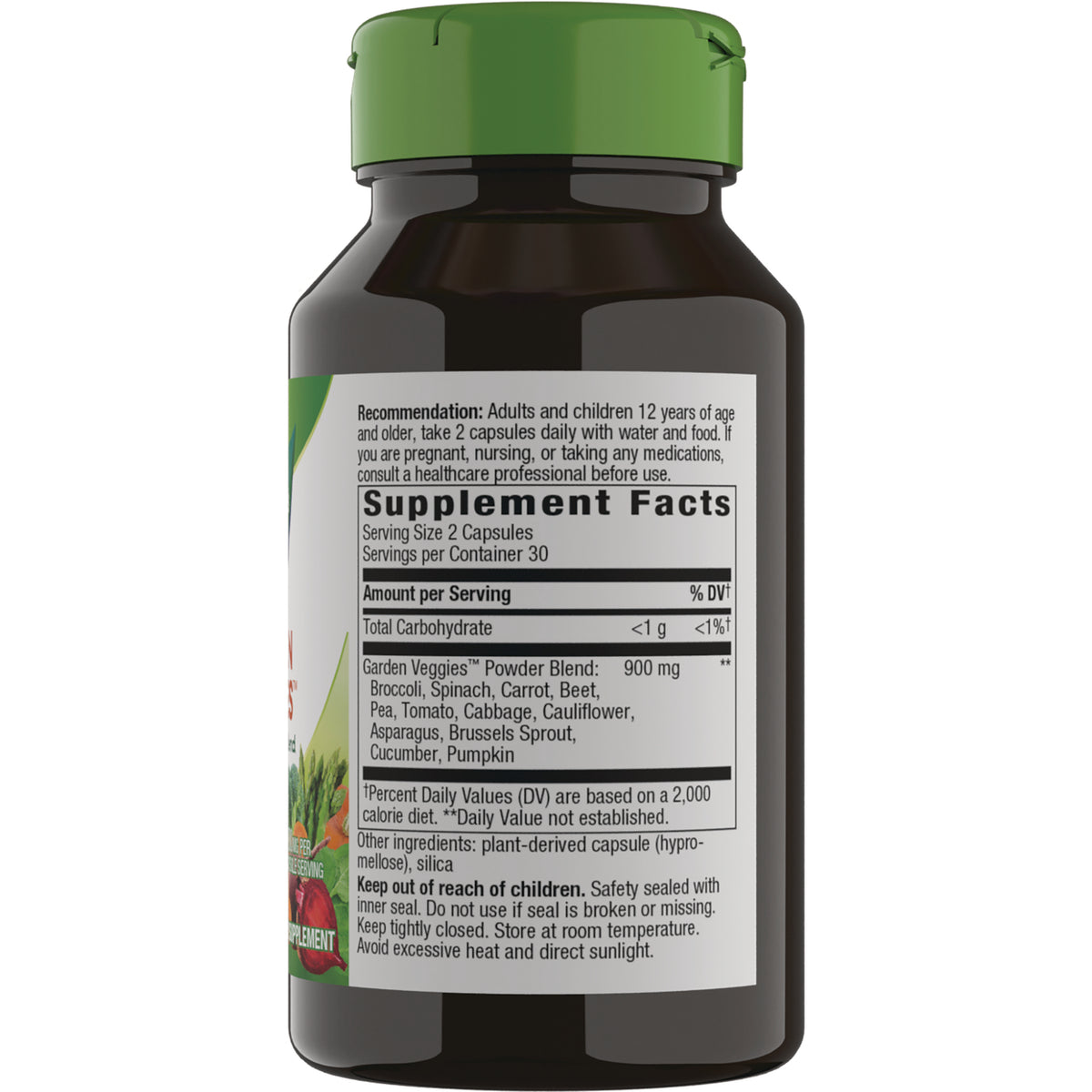 NW561 | Back of brown supplement bottle showing Supplement Facts panel, dosage directions, ingredients, and storage warnings
