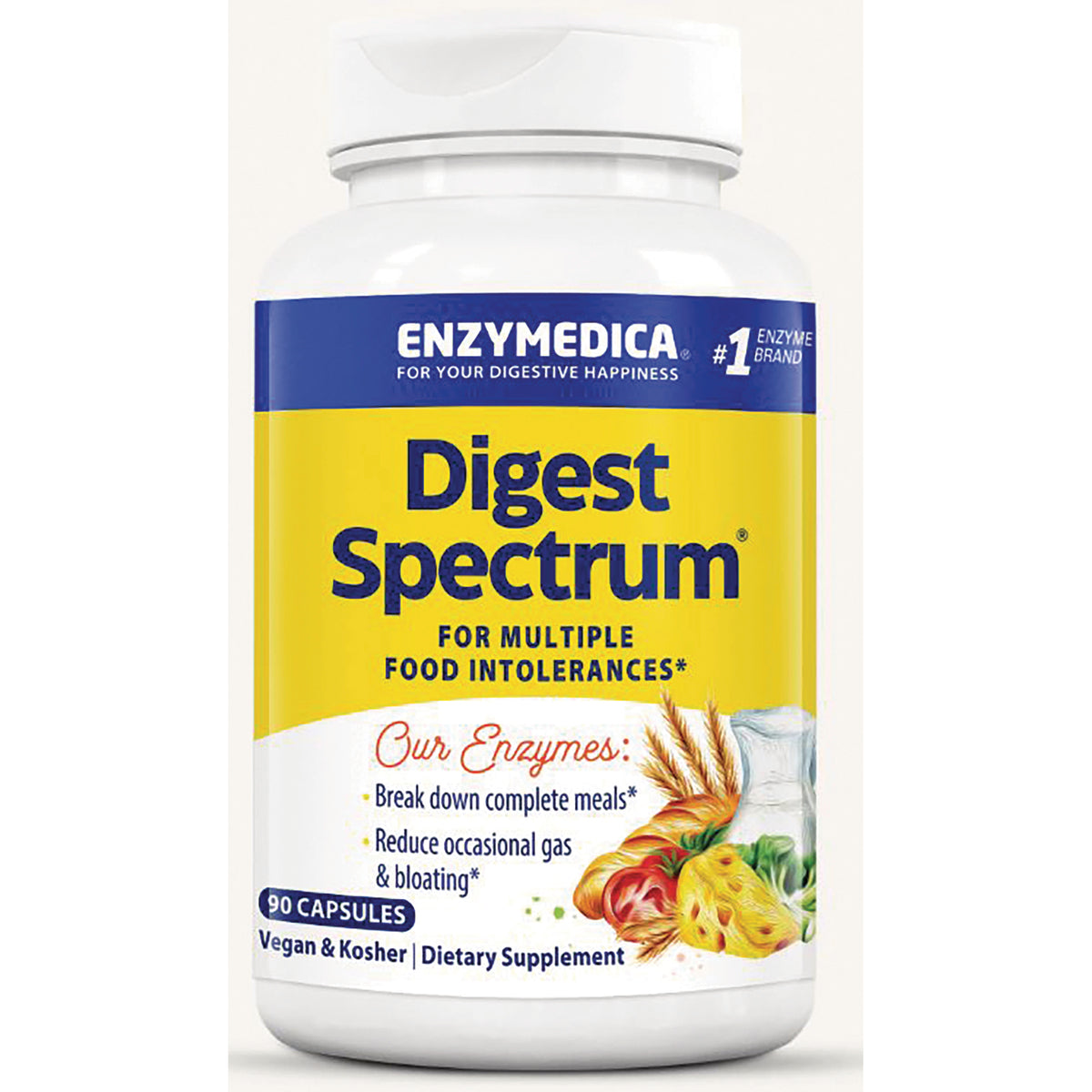 EMD049 | Enzymedica Digest Spectrum bottle label for multiple food intolerances, 90 capsules dietary supplement