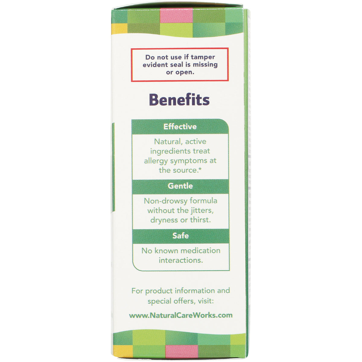 NTB040 | product side panel infographic listing Benefits: Effective, Gentle, Safe and www.NaturalCareWorks.com