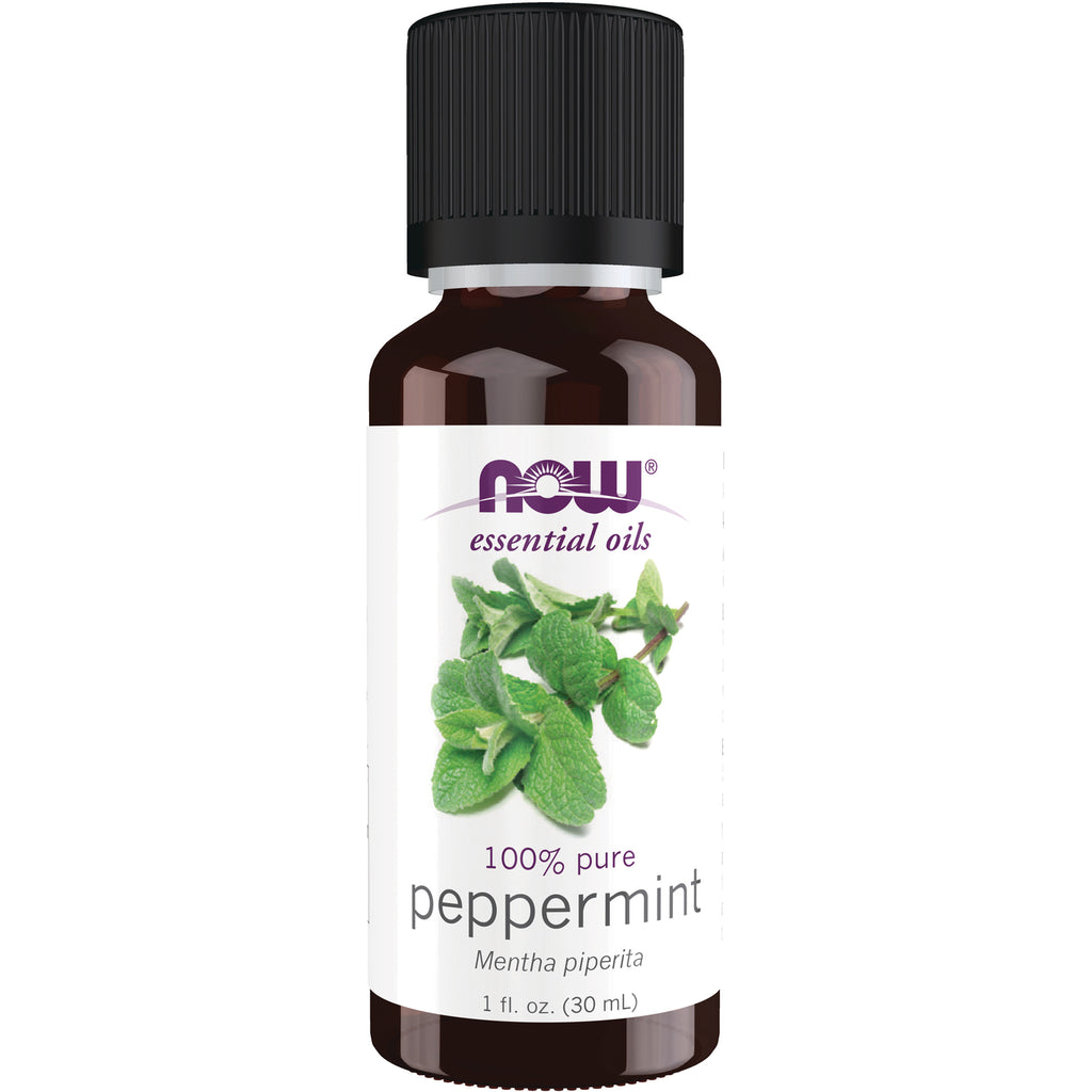 NWF144 | NOW essential oils 100% pure peppermint 1 fl oz brown glass bottle with black cap and mint leaves label - Thumbnail