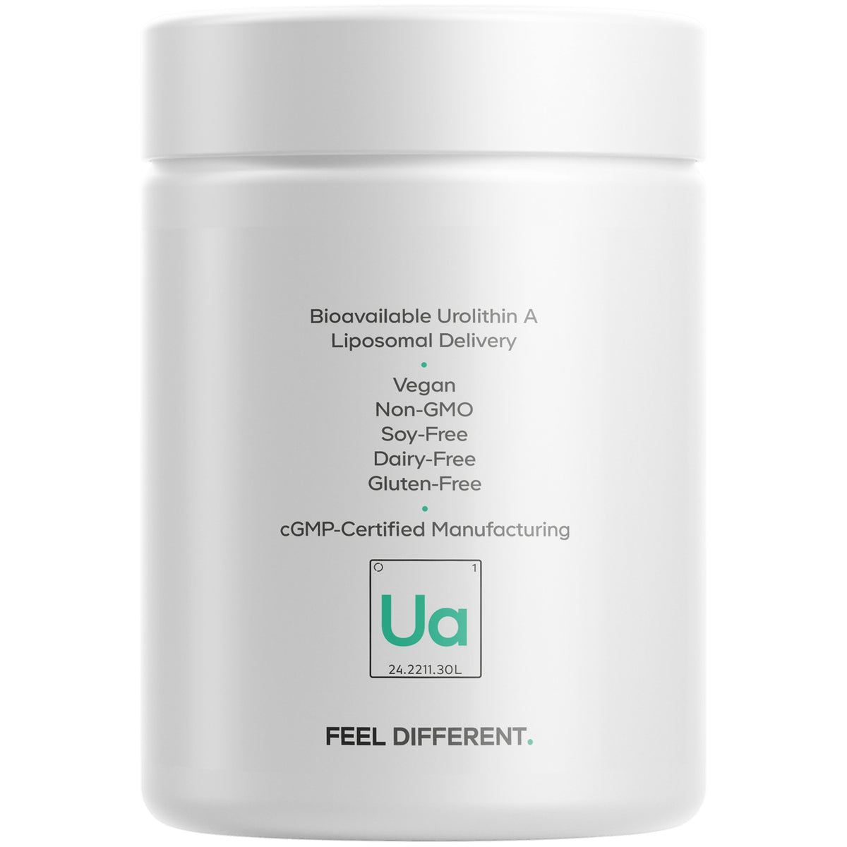 CDG020 | Back label of white supplement jar listing Vegan, Non-GMO, Soy-Free, Dairy-Free, Gluten-Free, cGMP manufacturing and Ua logo