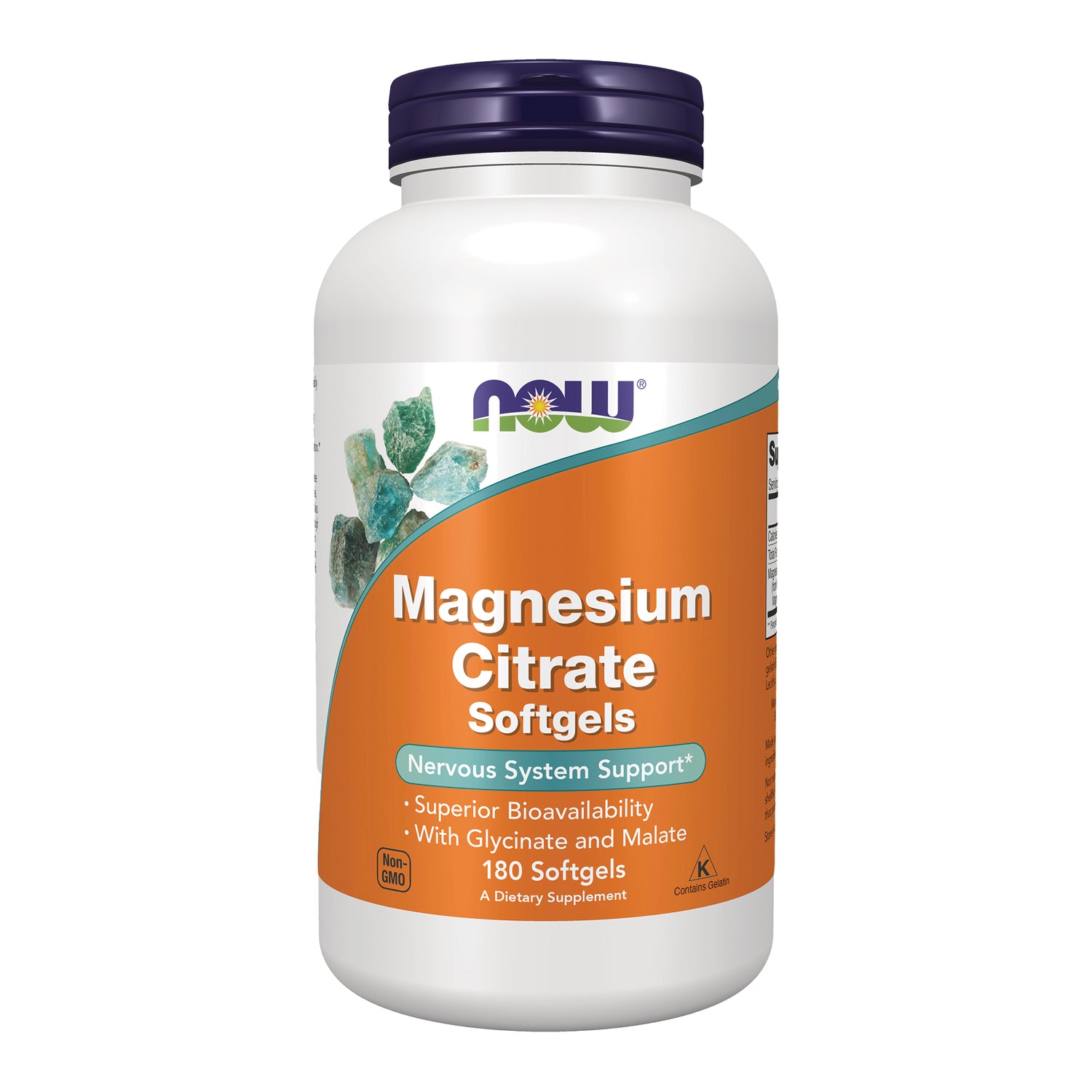 NWF438 | NOW Magnesium Citrate Softgels bottle, 180 softgels, orange front label showing Nervous System Support