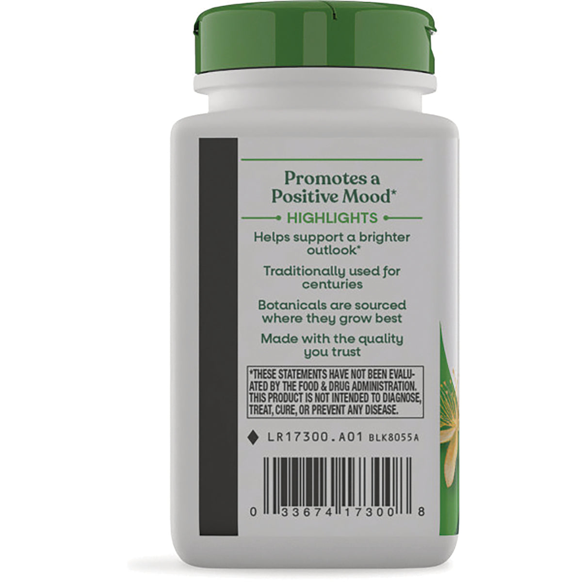 NW283 | Back of supplement bottle showing highlights text Promotes a Positive Mood and barcode