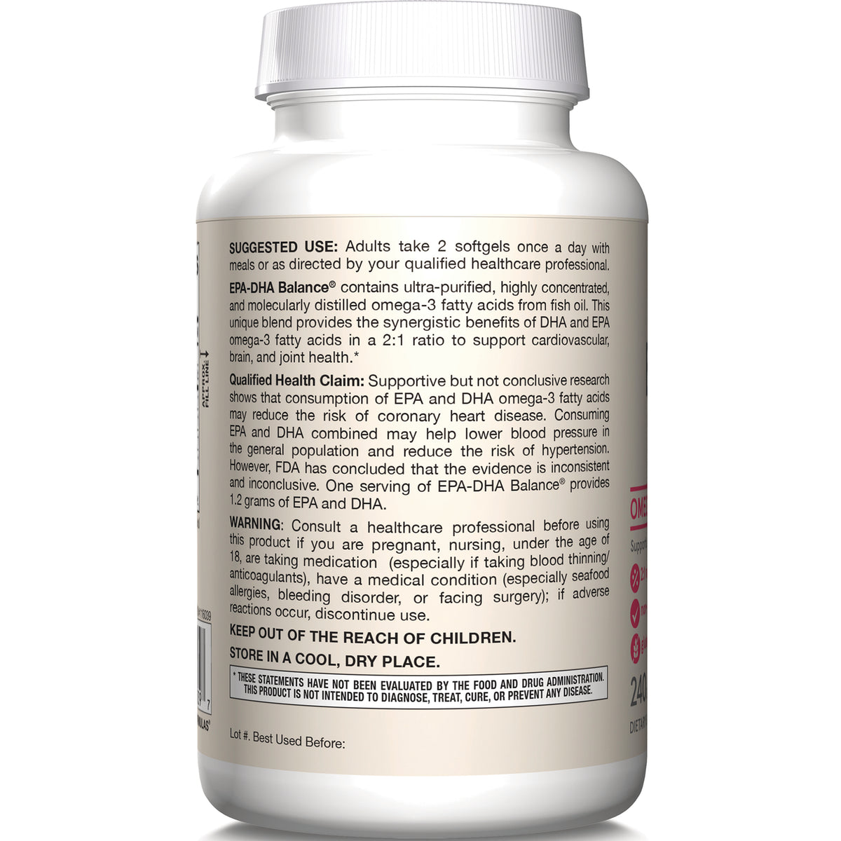 JR189 | Back label of supplement bottle showing suggested use, qualified health claim, warning and storage instructions