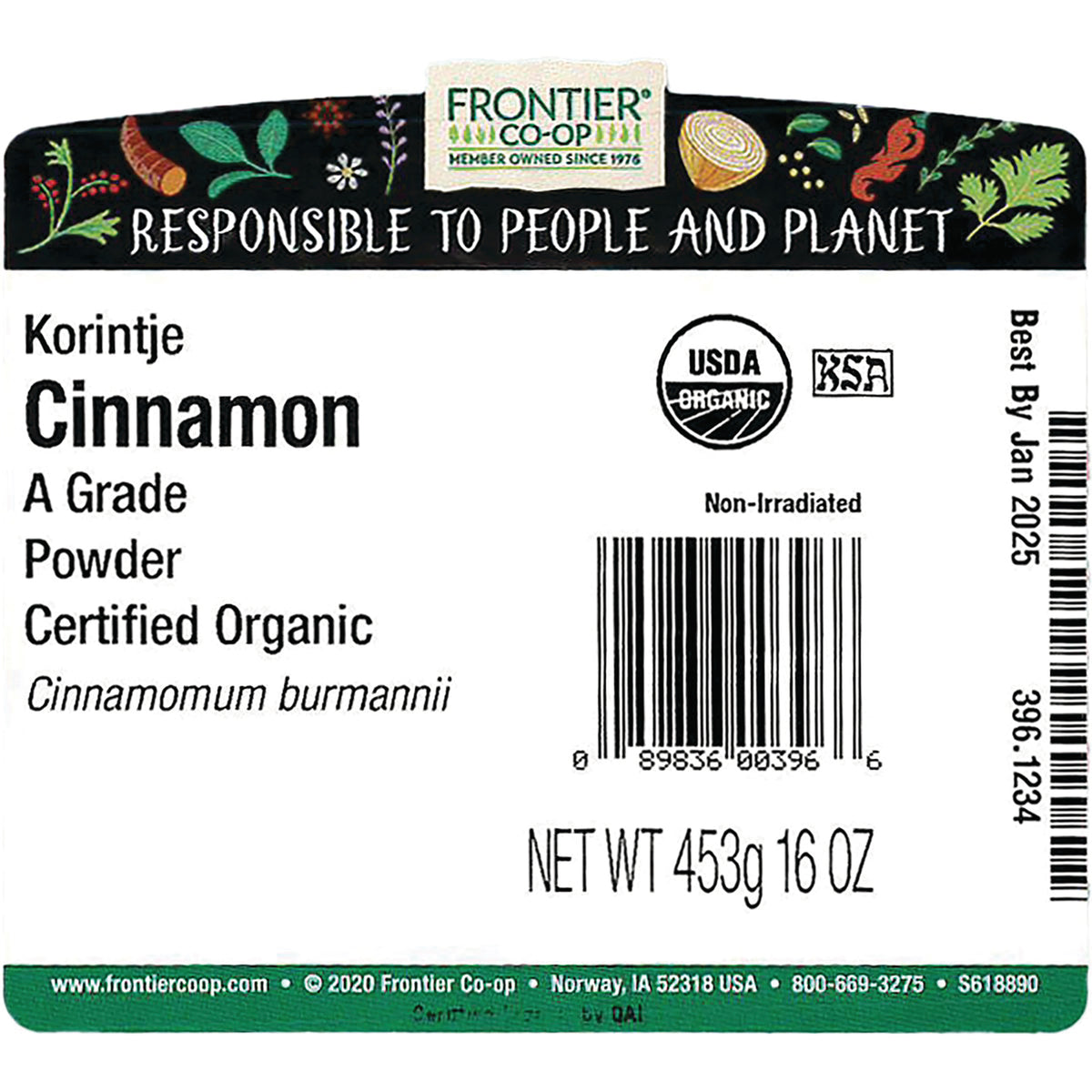 FNP069 | Back label for Frontier Co-op Korintje Cinnamon powder showing USDA Organic logo, barcode, non-irradiated note, net wt 453g 16 oz