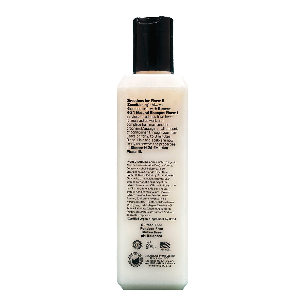 MCB005 | Back of white rectangular shampoo bottle with black flip cap showing directions, ingredients, and certification logos