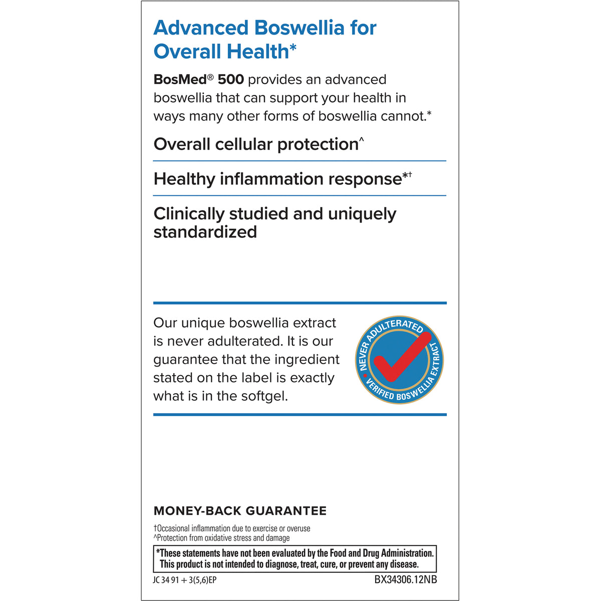 EUR031 | back panel with Advanced Boswellia BosMed 500 text, never adulterated seal, and money-back guarantee