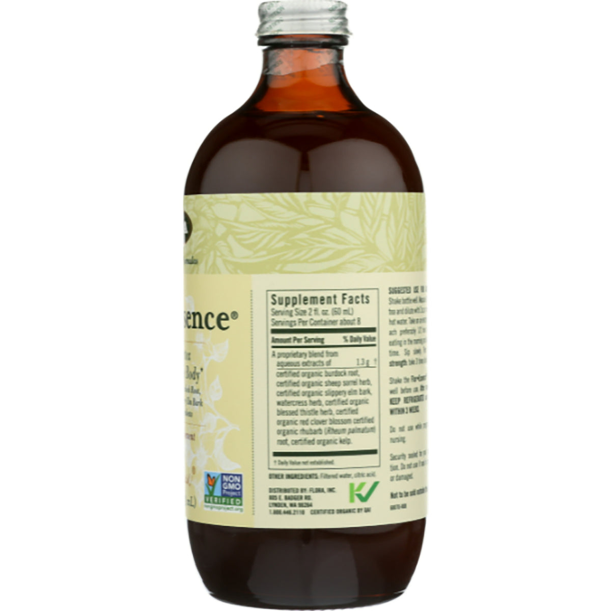 FL003 | back of amber glass bottle showing supplement facts label, ingredient text and non-GMO verification mark