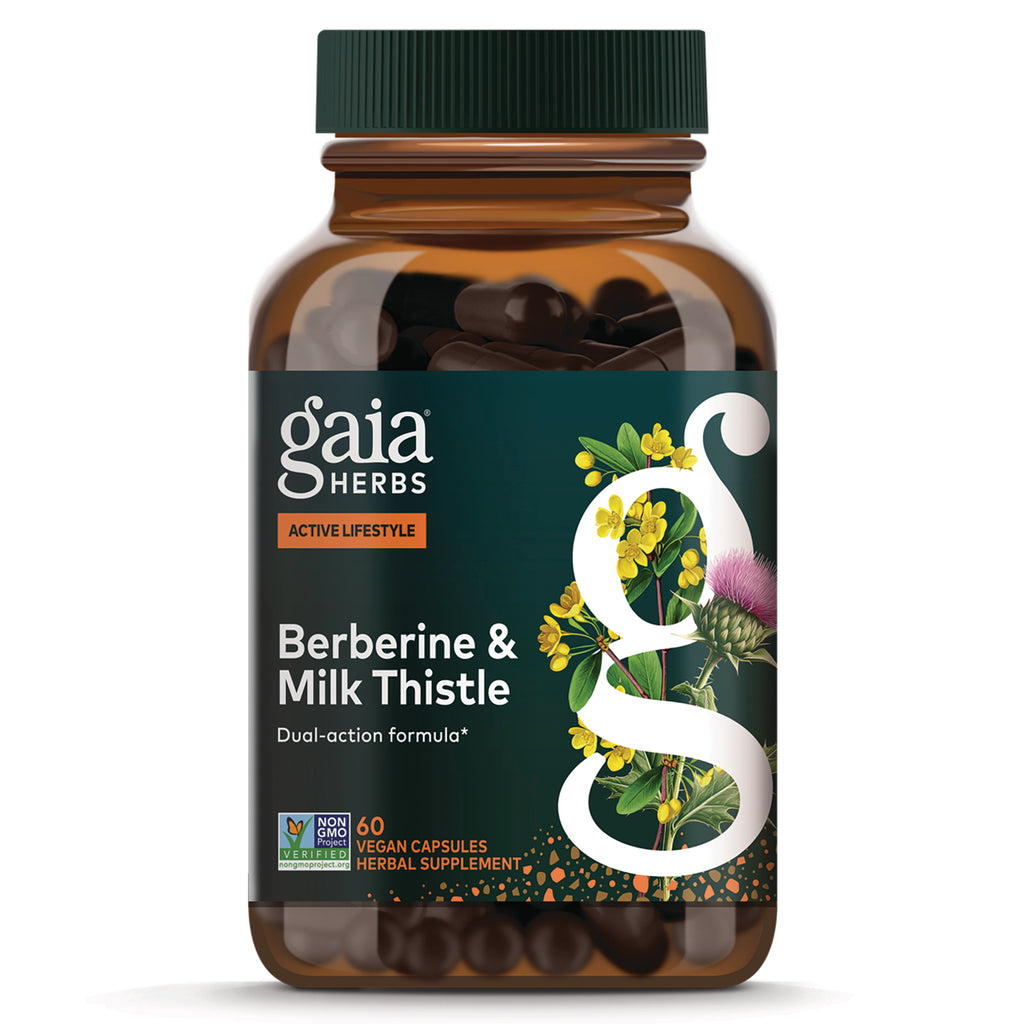 GH176 | Gaia Herbs Berberine & Milk Thistle bottle front showing label, botanical illustration and 60 vegan capsules - Thumbnail